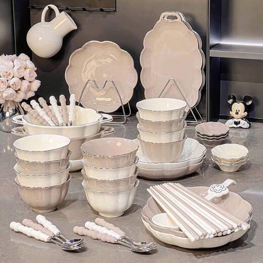 ZNMW感碗碟装家用陶瓷盘子餐具碗盘轻奢米饭碗碗具 描金款4-6人食礼盒装1355