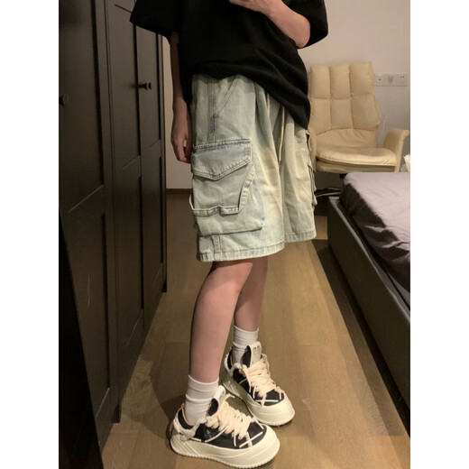 Opeodly American Vibe große gewaschene große Taschenarbeit in der Hauptstraße gerade losen Denim-Shorts 6189 Old Blue S [vorgeschlagen 80-95 Jin [Jin entspricht 0,5 kg]]]