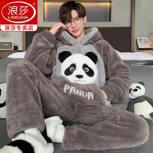 Langsha (langsha) men's pajamas men's coral velvet winter student cartoon loose winter flannel thickened plush home clothing set *ZS*9901 [Double-sided plush set] M small (75-95Jin [Jin equals 0.5 kg])