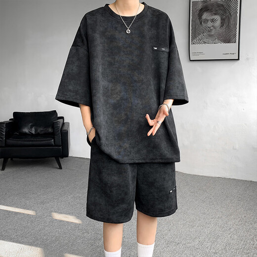 摘星少年夏季套装男小众设计感扎染七分袖T恤短裤潮流酷帅大码男装一整套 TZ757扎染白 5XL （建议205-230斤h