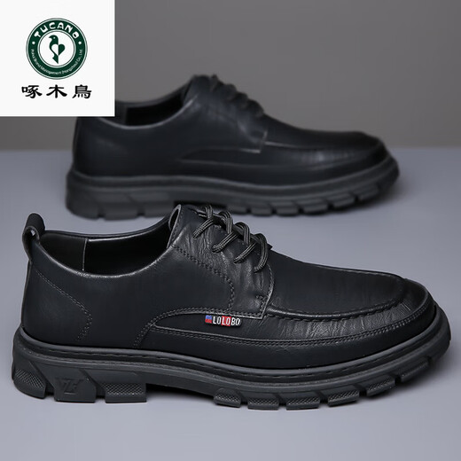 Woodpecker casual leather shoes for men genuine leather spring and summer breathable British business formal wear non-slip work soft sole black big toe trendy shoes black 40