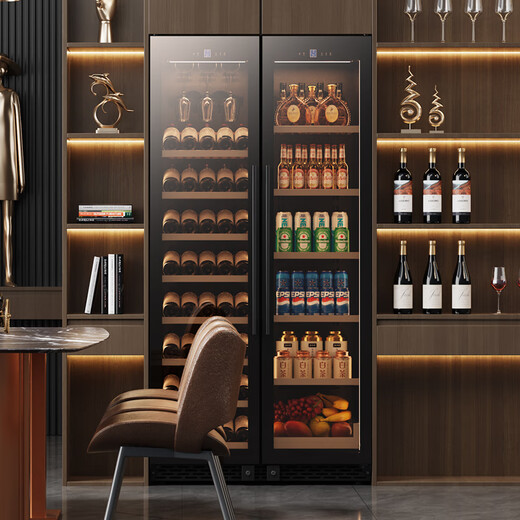 BAIKAILUN double-door thermostatic wine cabinet with double-door brown glass seamlessly embedded in large-capacity air-cooled frost-free office home tea beverage liquor wine fruit preservation refrigerator 2 meters | brown glass dual temperature zone | hanging cup red wine display 241 bottles thin section