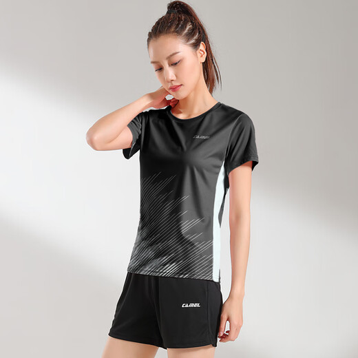 骆驼运动短袖T恤女羽毛球服套装速干防晒透气综训2件套女 Y1S1TF653A5，黑色 ，女 XL