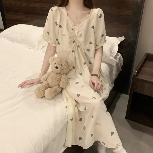浅伊琳居带胸垫睡裙夏季女款感短袖云朵棉家居服甜美宽松睡衣连衣裙 #sm9871带胸垫可拆卸 L  建议体重101-120斤