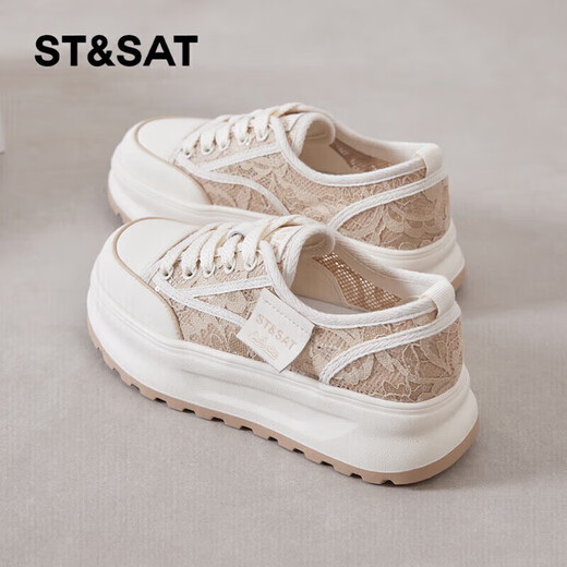 
Saturday;ST/SAT women's shoes for summer thick-soled fisherman's shoes for women 2025 new small fragrance style lace mesh breathable single shoes early autumn sail SSC1112A02 apricot color 5cm height increase and slimming 36