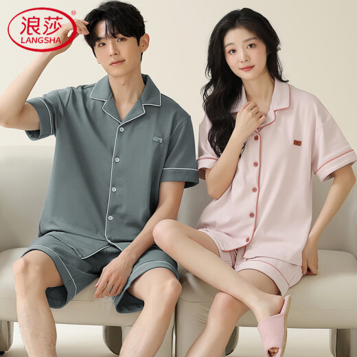 浪莎（LangSha）高档情侣睡衣纯棉短袖短裤简约开衫可外穿男士女款棉家居服夏天 X12703-12803# M 女款