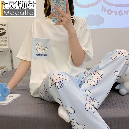 莫代尔睡衣女款纯棉夏季短袖长裤夏天薄款夏款玉桂狗春秋可爱家居服套装 JZM6625爱心 XL 建议110-130斤
