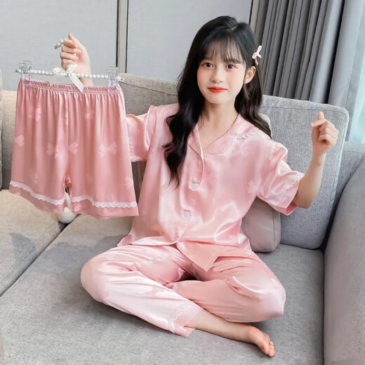 莫代尔女童冰丝睡衣夏季2024新款儿童短袖家居服女孩中大童空调服两件套 854 粉色 短袖翻领蝴蝶结九分 140 cm 建议身高130-140cm8-9岁