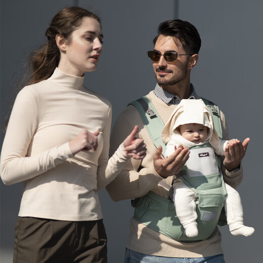 布兜妈妈腰凳轻便透气0-36个月婴儿背肩带四季多功能靠背宝宝外出抱娃神器 冰心绿(涤棉透气款)