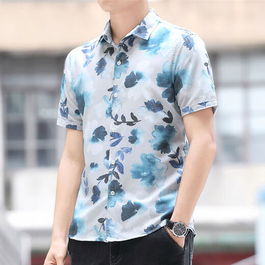 皮尔卡丹（pierre cardin）夏季新款印花短袖衬衫男士潮牌潮流休闲商务衬衣修身帅气男装寸衫 ZY829蓝色 M  【90-105斤】