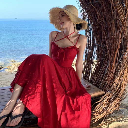 以欧M明艳气质浪漫玫瑰系带大摆收腰显瘦吊带连衣裙女显白度假裙6197 暗红色 S