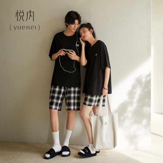 Yuenei Couple Pajamas Ladies with Breast Pad Summer Summer Pure Cotton Short Sleeve Shorts Home Clothes Men's Plaid Fashion Casual 33140 Casual Black-Men's XL (Male 140-160 Jin Jin equals 0.5 kg / Female 120-140 Jin Jin equals 0.5 kg)