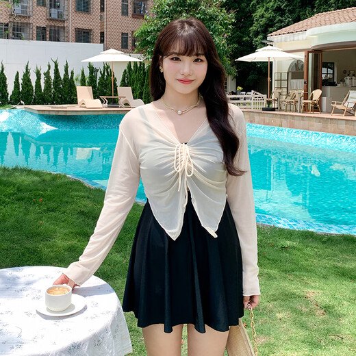 Xiangweier new product 2025 new long-sleeved blouse sun protection two-piece set fat mm swimsuit covering belly and slimming skirt style large one-piece black XL