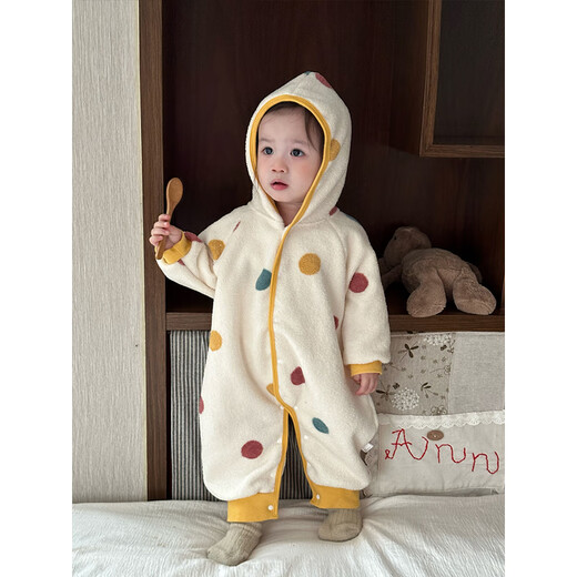 心楠婴儿春秋季连体衣女宝宝超萌毛绒加厚连帽爬服保暖家居服睡衣秋季 彩色波点连帽连体衣【加绒】 90cm