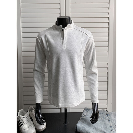 Qumile American retro polo Henry collar sweatshirt men's autumn trendy loose pullover bottoming shirt handsome long-sleeved jacket white gray XL