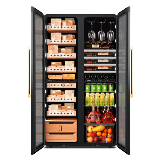 PULADI WIFI smart frequency conversion double-door cigar cabinet constant temperature and humidity red wine refrigerator ultra-thin temperature control and humidity control tobacco compressor cigar moisturizing cabinet arc retro frequency conversion red wine and cigar integrated cabinet three temperature zones 490L