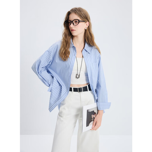 Tricolor 100 Cotton 2025 Autumn New Long Sleeve Loose Striped Shirt Lapel Shirt Cardigan Top M Glacier Blue Stripe M 160/84A