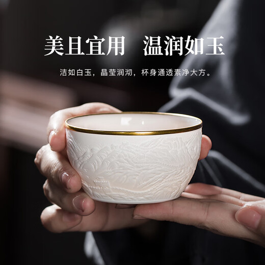Yujiazhai Jingdezhen Ceramic Shadow Green Hand-carved Master Cup Tea Cup Kung Fu Tea Cup Large Master Cup Traced Gold Cup Eight Directions Gathering Money Tea Cup