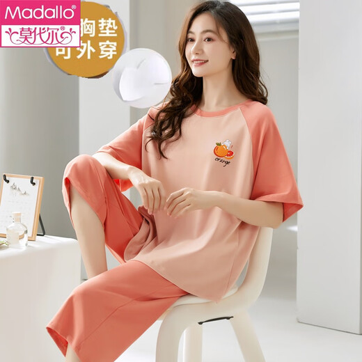 莫代尔睡衣女士带胸垫夏季薄款纯棉短袖七分裤套装甜美少女家居服可外穿 带胸垫679巴比熊短袖七分裤 M 75-95斤左右