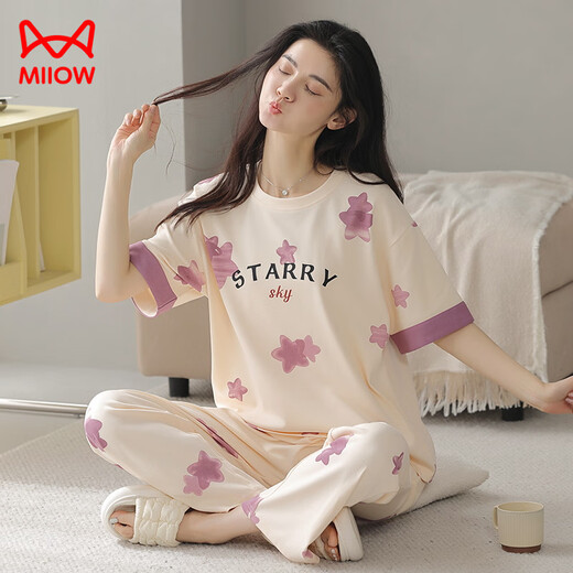 MiiOW 2025 new pajamas for women summer pure cotton short-sleeved trousers can be worn outside casual brand home clothes suit YZT9712 M Recommended 80-100Jin Jin equals 0.5kg to wear