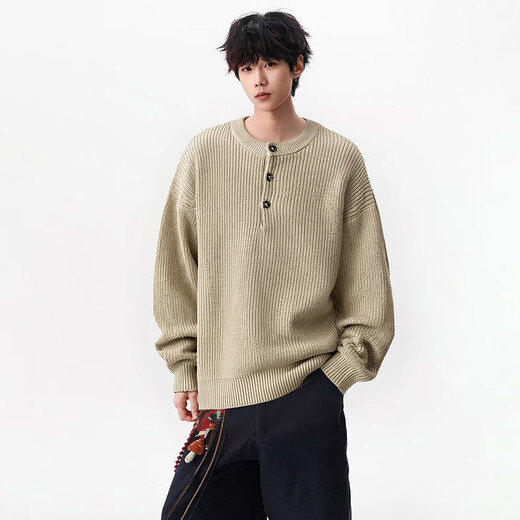 OEMG old money style Henry collar sweater men's autumn and winter trendy American retro sweater tops lazy jacket Khaki XL recommended 110-130Jin Jin equals 0.5 kg