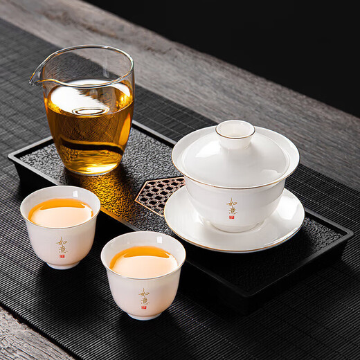 Qixuanyuan mutton-fat jade porcelain Kung Fu tea set three-piece set for home hotel dormitory tea bowl three-capacity cover bowl tea cup with tea tray