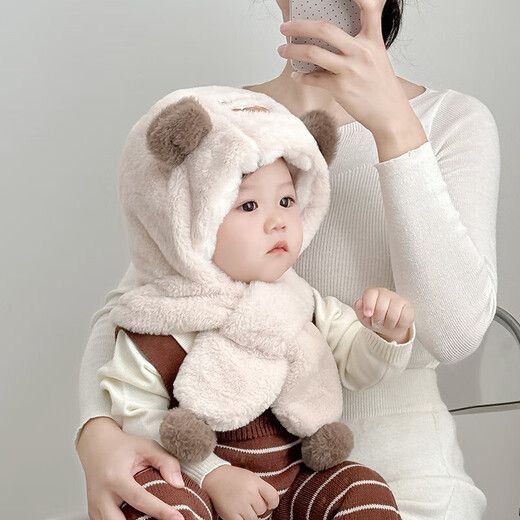 Children's hat, scarf, all-in-one hat, autumn and winter style, cute bear, warm and thickened plush hat, ear protection hat for male and female babies, beige, hat circumference 45-53cm/reference month - 8 years old and 6 pieces