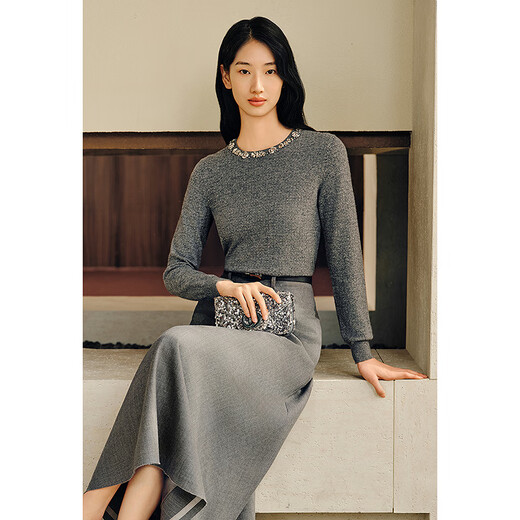 OBBLIGATO Origato Spring Round Neck Heavy Industry Studded Wool Mixed Cashmere Sweater Medium Gray S