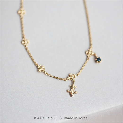 VZZS white small C Korean imported gold jewelry 14K gold anklet retro heavy industry cross blue diamond pendant K gold bracelet bracelet 1 piece
