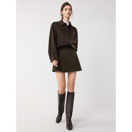 ELLE Retro Sheep Wool Embroidered Lapel Shirt Women's 2025 Winter New Design Loose Niche Shirt Brown M