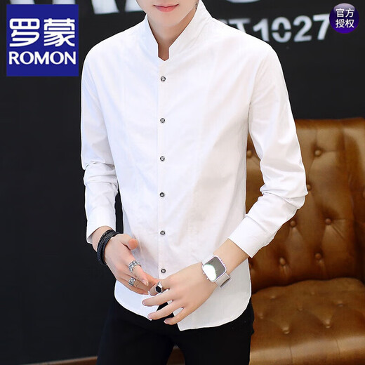 
ROMON Chinese style shirt men's long-sleeved retro men's shirt stand collar Tang suit handsome spring and autumn thin casual white 9905 black M