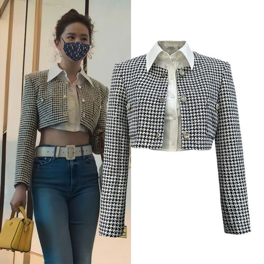 格子外套女短款玫瑰故事黄亦玫感纽扣长袖小香风外衣 衬衣 S S