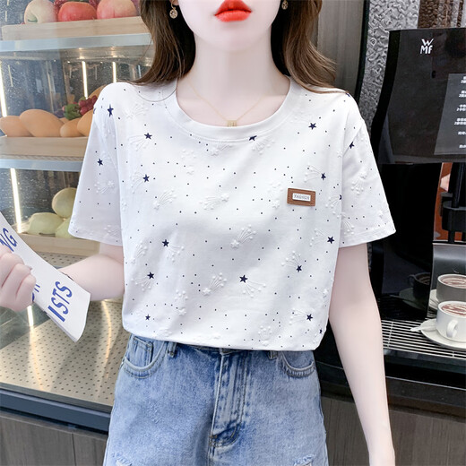 T-Shirt für Frauen in 2025 neueste Baumwoll-gedruckte kurzärmelige T-Shirt für Frauen im Sommer 2025 neues loses Bauchabdeckung 1396 Blue Meteor + W7235 Black M geeignet für 100-109jin [Jin gleich 0,5 kg]