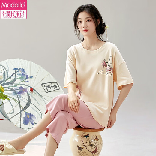 Modal summer short-sleeved pajamas set new Chinese women's national style home clothing cropped pants can be worn on the outside, pure cotton thin summer Y9901 M (recommended 75-95Jin [Jin equals 0.5 kg])