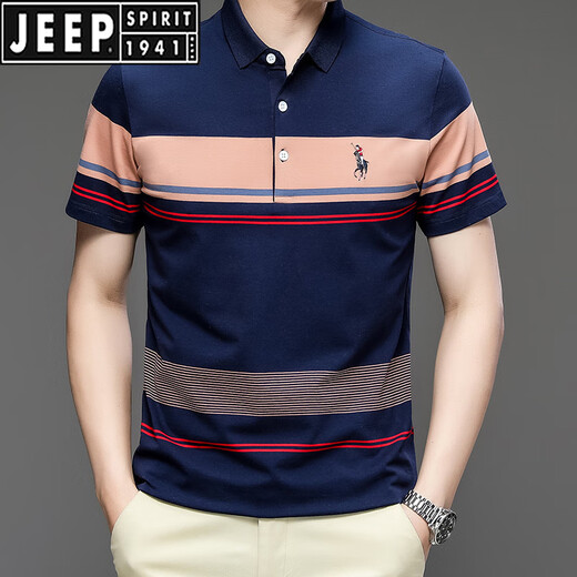
JEEP SPIRIT2025 summer new pure cotton embroidered short-sleeved men's t-shirt striped casual lapel large size POLO shirt men 3523 dark green M 170/48