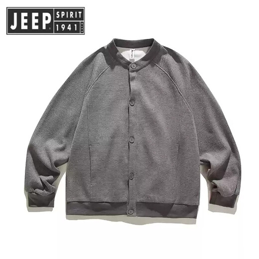 JEEP SPIRIT Japanese retro waffle cardigan sweatshirt jacket for men and women in spring and autumn loose casual sports Henry collar clip gray M