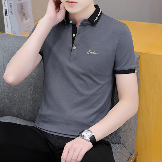 Hailan Home Herren Sommertrend Lapel Herren Kurzarm T-Shirt Youth Business Freizeit Lose LED-halbe Ärmel schwarz qy683 m