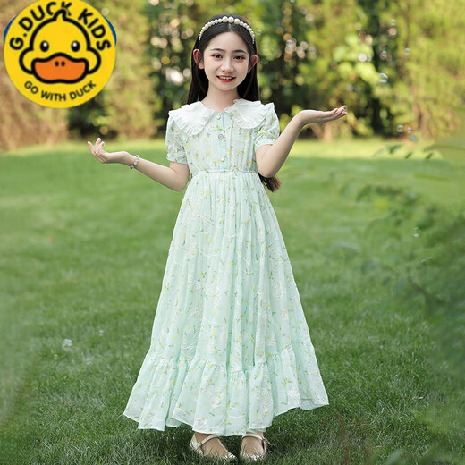 G.DUCKKIDS女童连衣裙夏装2025新款女孩夏季长款沙滩裙儿童洋气碎花雪纺裙子 XY-6630【绿色】  120 cm