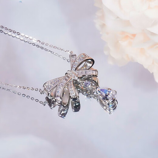 PT950 platinum full diamond bow moissanite necklace light luxury niche design imitation diamond temperament water drop necklace D-E/extreme white 1 carat LC/mirror flawless 40+5cm