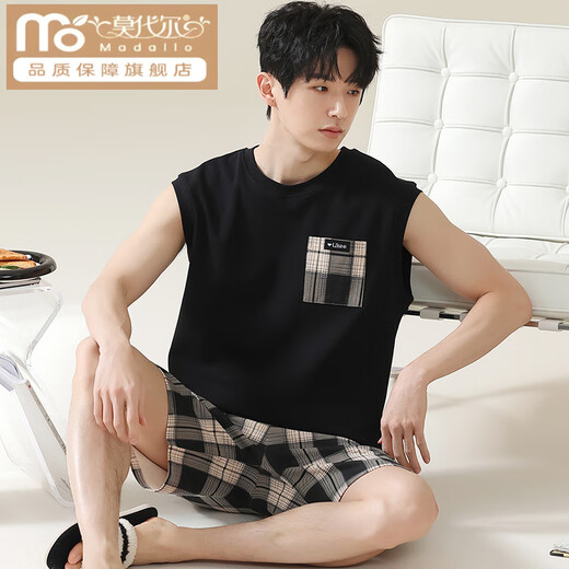 莫代尔睡衣男款背心男士夏季棉质夏款可外穿套装家居服夏天无袖2025新款 OMM-13063 L