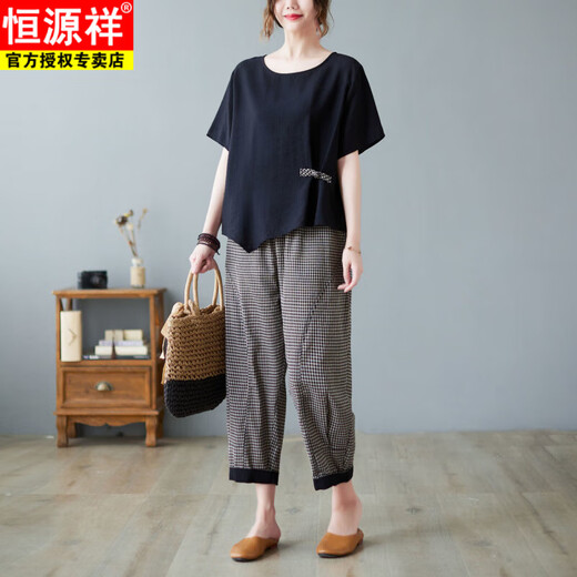 恒源祥时尚棉麻阔腿裤套装女2025夏季新中式盘扣不规则洋气上衣两件套女 黑衣小格裤 M (90-120斤)