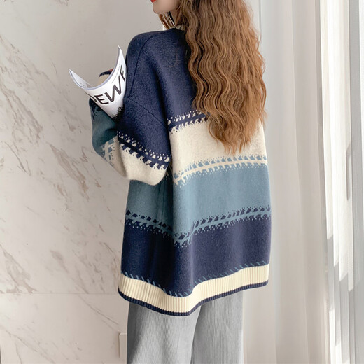 Tangshi 2025 Autumn Women's Round Neck Color Blocked Wide Striped Pullover Sweater Age-Reducing Versatile Korean Style Casual Fashion