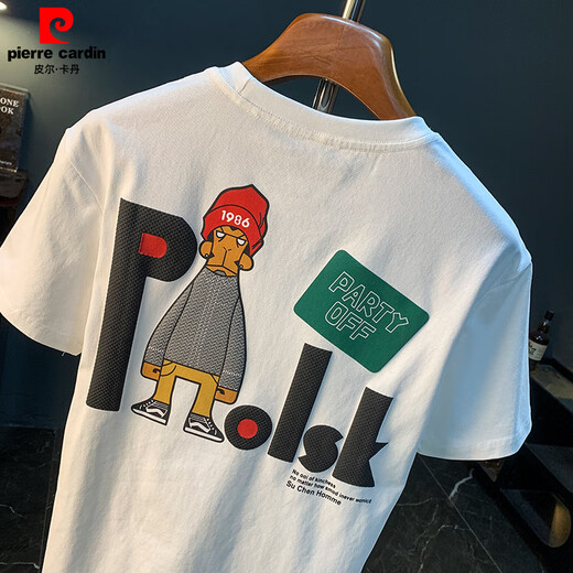 皮尔卡丹（pierre cardin）潮牌短袖T恤男印花半袖宽松体恤新疆棉舒适百搭潮流五分袖衣服男 白色 【JSW9923】 M 适合90-108斤穿