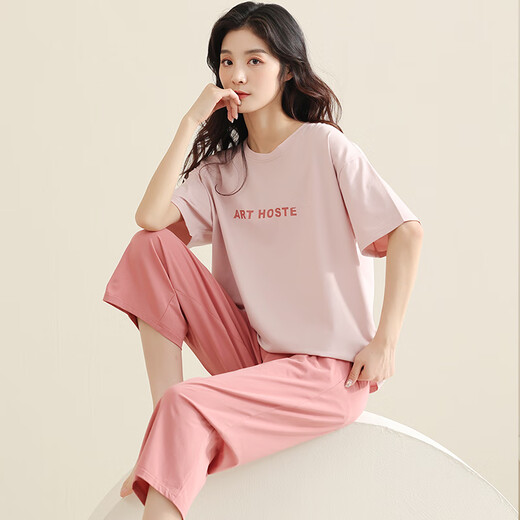 莫代尔睡衣女款夏季棉2025新款女士短袖七分裤套装夏款湛蓝家居服夏天 FJH:684蓝色英文五角星 套头短袖 M