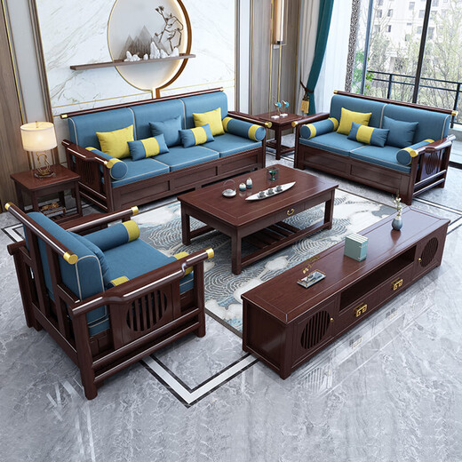 Wenting Yayuan Solid Wood Sofa Living Room New Chinese Style Black Gold Wood Storage Guifei Fabric Combination Light Luxury Small Apartment Furniture 9901 1+1+3+ Drawer Coffee Table [Storage Model] Cat Scratch Leather Cover