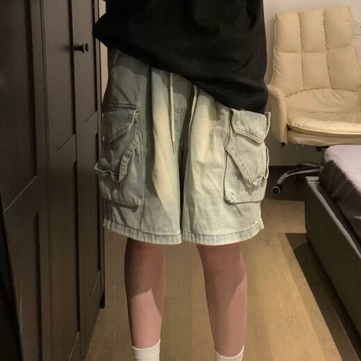 Opeodly American Vibe große gewaschene große Taschenarbeit in der Hauptstraße gerade losen Denim-Shorts 6189 Old Blue S [vorgeschlagen 80-95 Jin [Jin entspricht 0,5 kg]]]