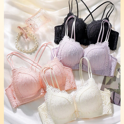 Unterwäsche für Frauen mit kleinen Brüsten, die nach oben geschoben werden, um größer auszusehen, sexy Spitzenknopf vorne, schöner Rücken, sekundäre Bruststütze, BH-Set ohne Bügel, hellviolett, L 36/80AB, voller Körbchen