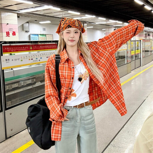 Zhenxiqi American retro plaid long-sleeved shirt for women 2025 autumn and winter new loose and versatile casual high street shirt jacket trendy orange plaid S suitable for 85~100Jin Jin equals 0.5 kg