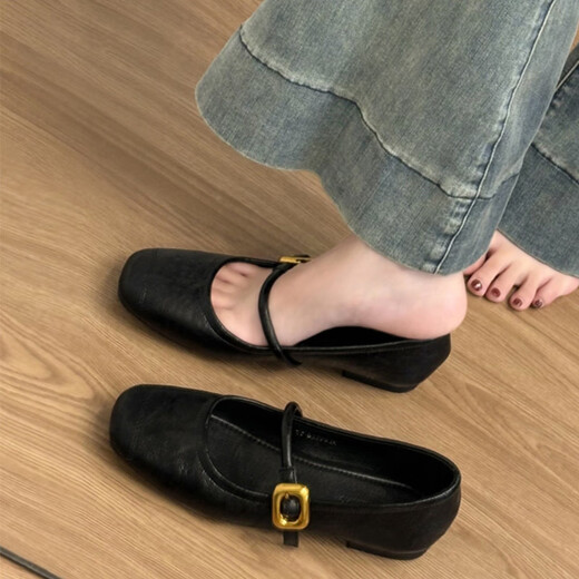 乐卡利软底浅口玛丽珍鞋女2025夏季款通勤百搭一字带单鞋法式复古平底鞋 黑色 卡码拍大 37