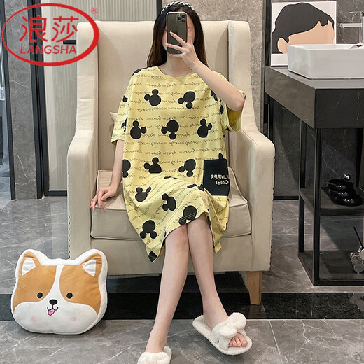 浪莎（LangSha）睡裙女夏季睡衣纯棉短袖大码胖mm200斤翠绿纯色春秋天凉感家居服 BF-1049-2-浅灰色 均码 (80-200斤)